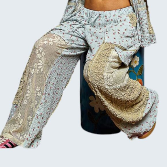 ❤️#191-P POL PANTS LACE&FLORAL PATTERN-BLUE PANTS - Picture 3 of 7